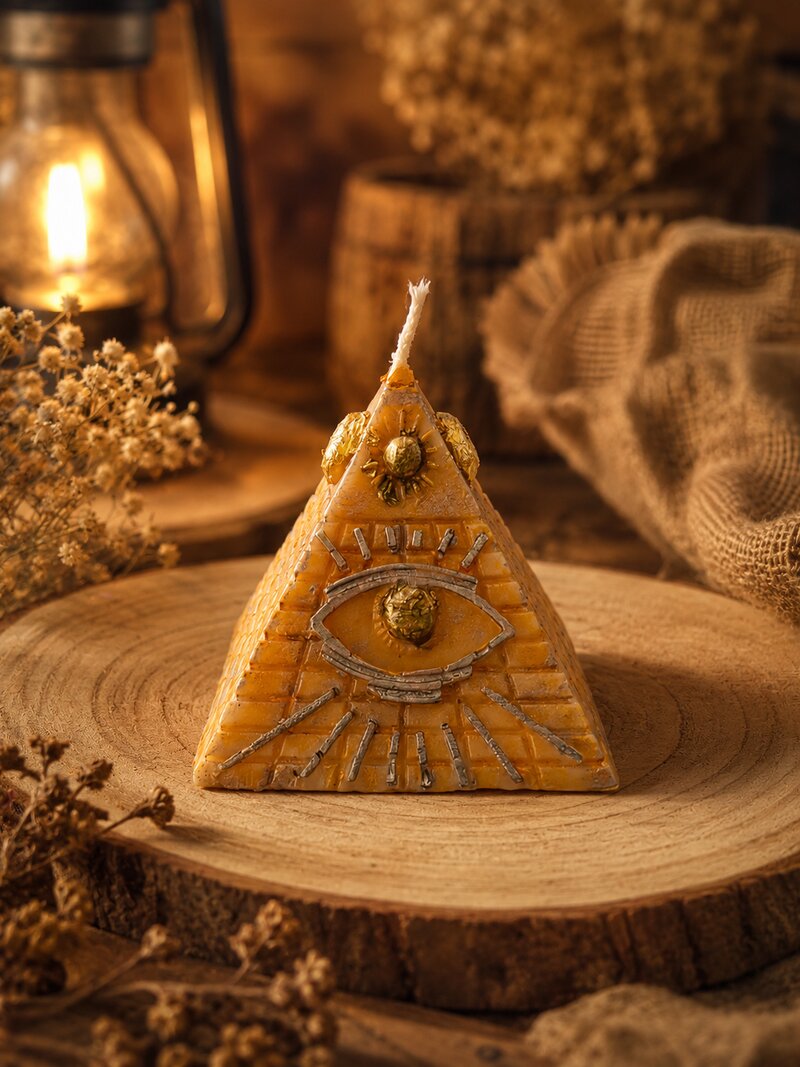 Bougie collector La Pyramide de l'Œil Sacré, peinte à la main et feuille d'or, La Clé De Salomon
