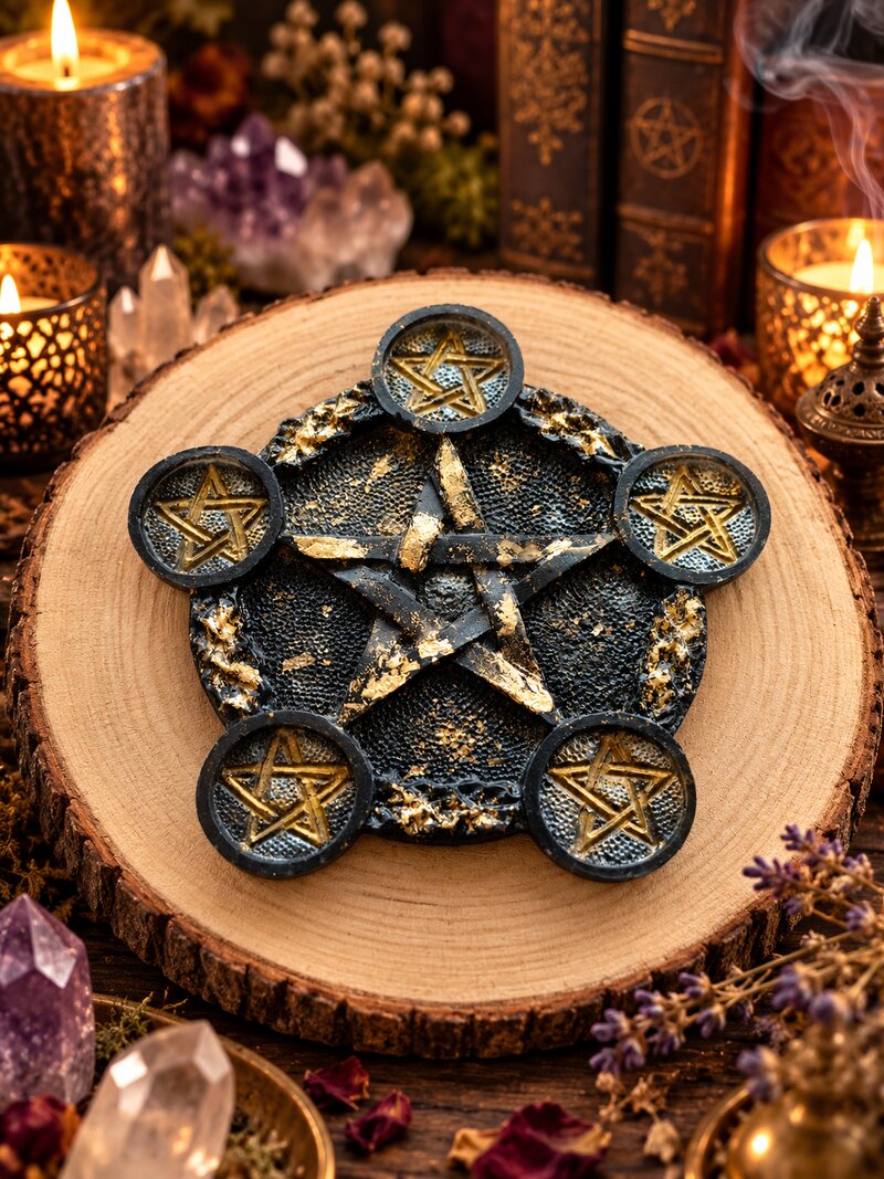 Le Pentacle Doré, porte-bougie rituel en résine et feuille d'or, La Clé De Salomon
